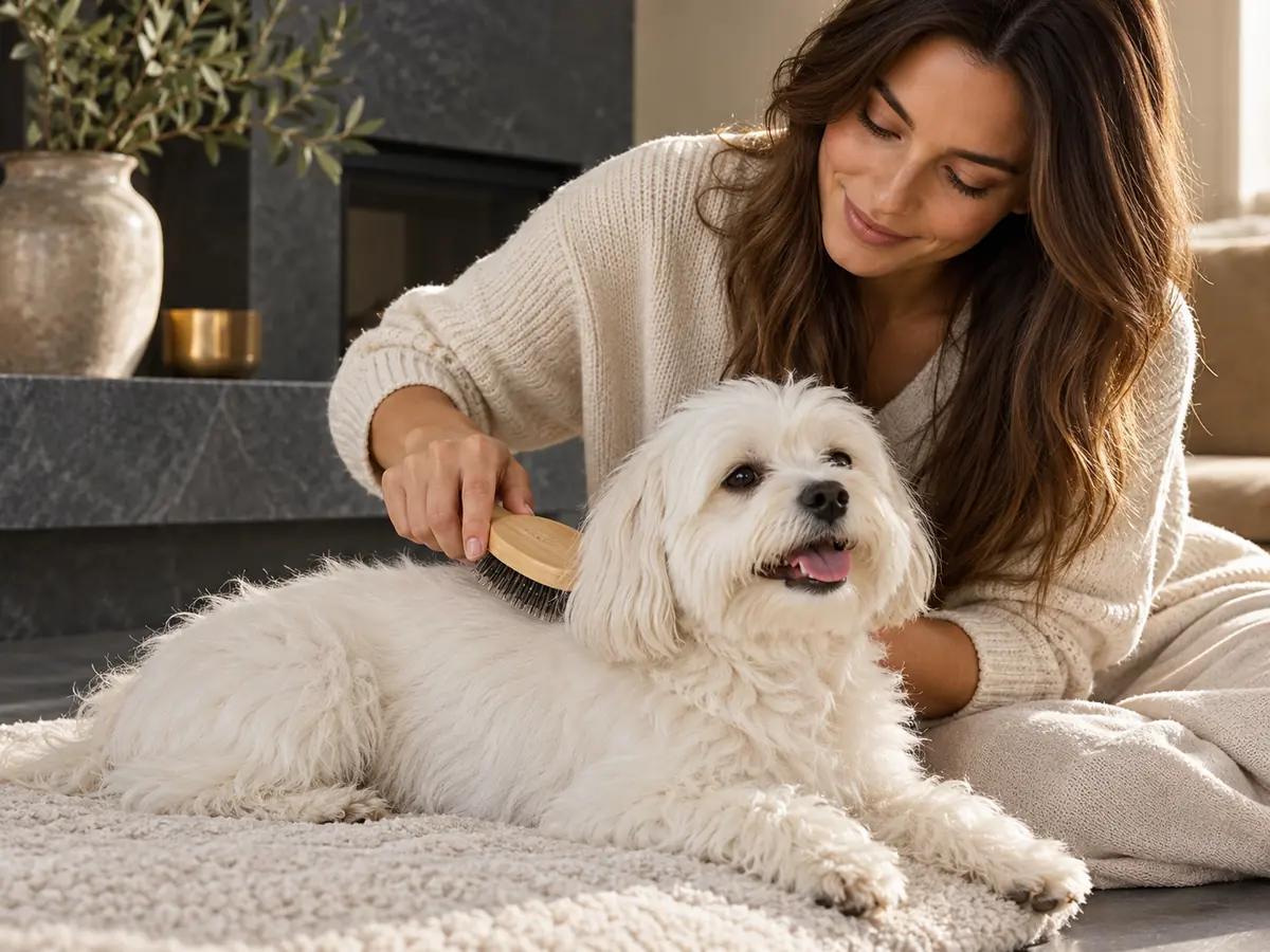 Persona cepillando suavemente a su perro; fotografía ilustrativa