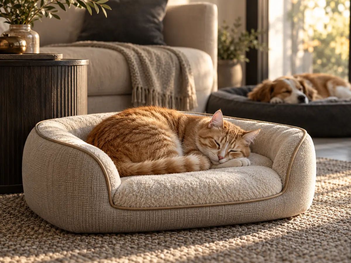 Gato descansando en una cama para mascotas; fotografía ilustrativa