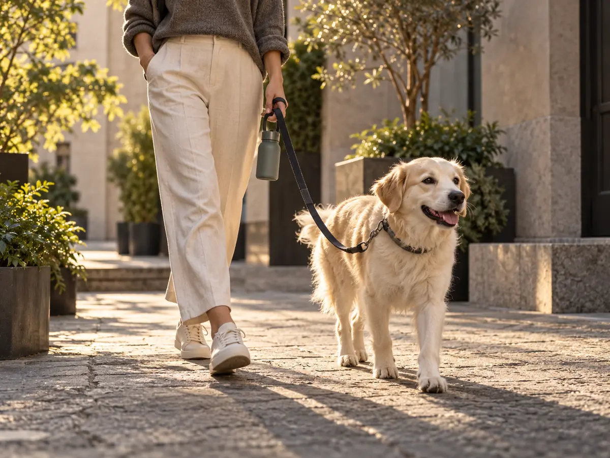 Perro de paseo con su correa; fotografía ilustrativa