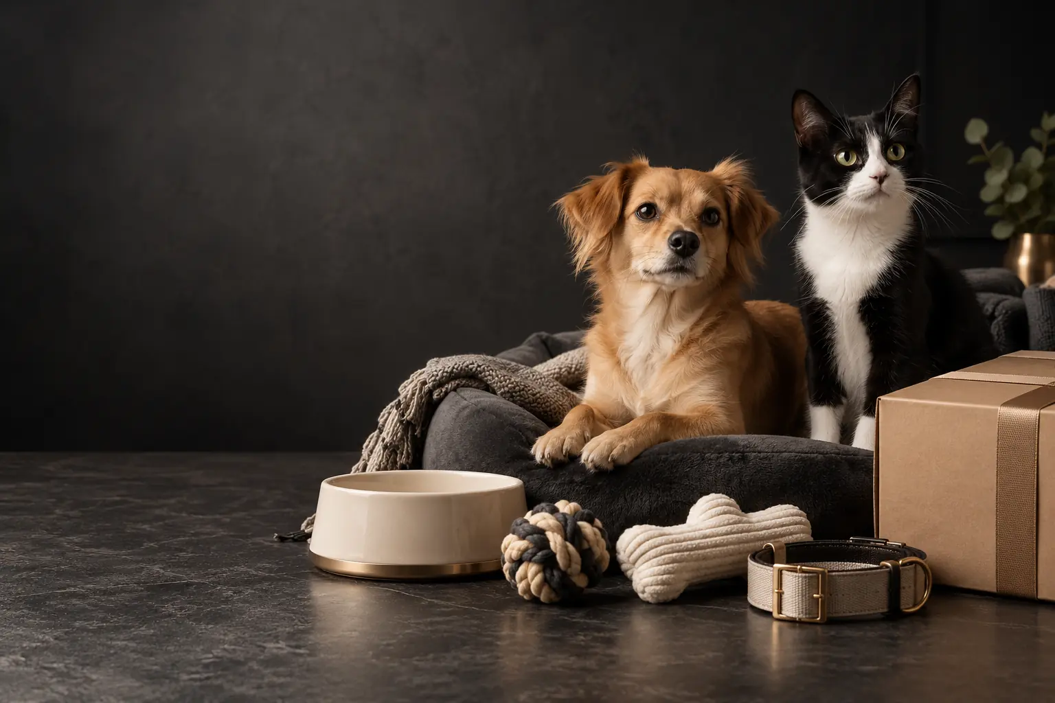 Imagen ilustrativa de un perro y un gato junto a accesorios para mascotas
